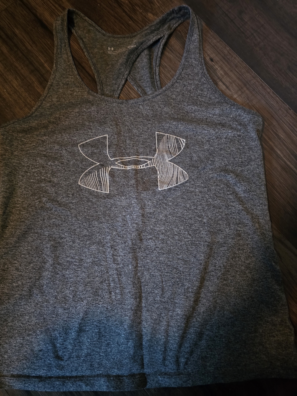 Under Armour Women’s Charcoal Heather Racerback Tank with White Logo